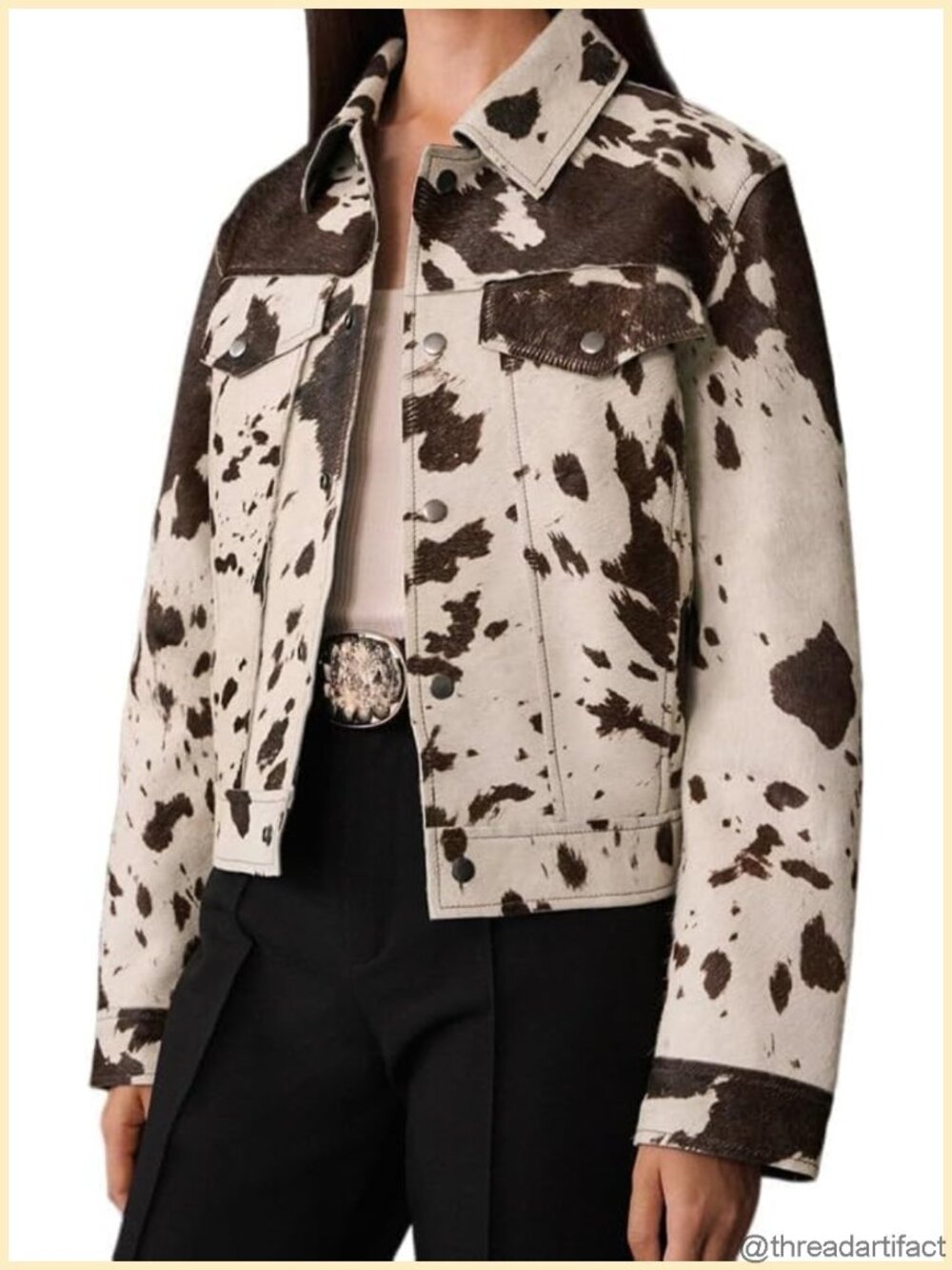 Women's Animal Print Denim Jacket Cow Print Button Up Cropped Motorcycle Coat